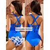 CUPSHE Women’s Tankini Sets Two Piece Swimsuit Reversible Bottom Mid Rise Bathing Suit Ruched Crossback Tie(Royal Blue/Floral)