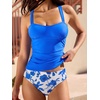CUPSHE Women’s Tankini Sets Two Piece Swimsuit Reversible Bottom Mid Rise Bathing Suit Ruched Crossback Tie(Royal Blue/Floral)