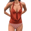 CUPSHE Tankini Bathing Suit for Women Halter Deep V Cowl Neck Low Back Swimsuit(Brick Red/Geometric)