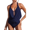 CUPSHE Tankini Bathing Suit for Women Halter Deep V Cowl Neck Low Back Swimsuit(Navy Blue)