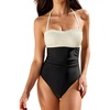 CUPSHE Women One Piece Swimsuit Halter Smocked Ruched Bathing Suit | V neck Color block Back hook(Black/Beige)
