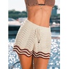 CUPSHE Women’s Cover Up Shorts Striped Drawstring Waist Knit Swimsuit Cover Up Summer Casual Beach Shorts(Beige Brown-striped)