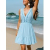 CUPSHE Womens Mini Dress Sleeveless V Neck Flowy Beach Vacation Sundress | Flowy Tassel Mini Sundress, Ruffled Hem Lace Trim Casual Travel Outfit, Soft Smocked Short Resort Trips, Summer Outings(Blue)