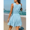 CUPSHE Womens Mini Dress Sleeveless V Neck Flowy Beach Vacation Sundress | Flowy Tassel Mini Sundress, Ruffled Hem Lace Trim Casual Travel Outfit, Soft Smocked Short Resort Trips, Summer Outings(Blue)