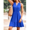 CUPSHE Womens Sleeveless Mini Dress V Neck Flowy Beach Vacation Sundress | Lightweight Flattering High Waist, Ruffled Hem Short Dress for Beach Trips, Cruises Vacations Summer Days, Flowy Resort Wear(Blue)