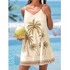 CUPSHE Women’s Summer Mini Sundress V Neck Striped Beach Vacation Dress | Lightweight Textured Mini Summer Dress With Adjustable Straps, Sleeveless Cover Up Dress For Beach Trips, Resort Wear(Beige Tropical)