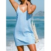CUPSHE Women’s Summer Mini Sundress V Neck Striped Beach Vacation Dress | Lightweight Textured Mini Summer Dress With Adjustable Straps, Sleeveless Cover Up Dress For Beach Trips, Resort Wear(Blue Striped)