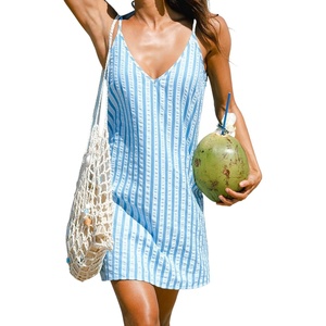 CUPSHE Women’s Summer Mini Sundress V Neck Striped Beach Vacation Dress | Lightweight Textured Mini Summer Dress With Adjustable Straps, Sleeveless Cover Up Dress For Beach Trips, Resort Wear(Blue Striped)