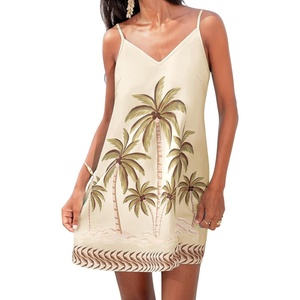 CUPSHE Women’s Summer Mini Sundress V Neck Striped Beach Vacation Dress | Lightweight Textured Mini Summer Dress With Adjustable Straps, Sleeveless Cover Up Dress For Beach Trips, Resort Wear(Beige Tropical)