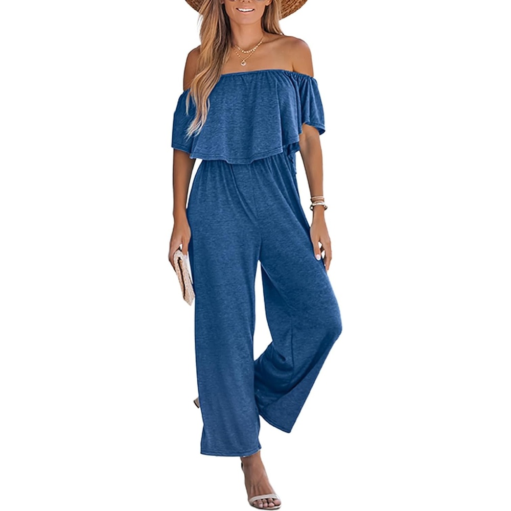 image:imageCUPSHE Jumpsuits for Women Off the Shoulder Short Sleeves Wide Leg Casual One Piece for Summer Beach VacationNavy Blue