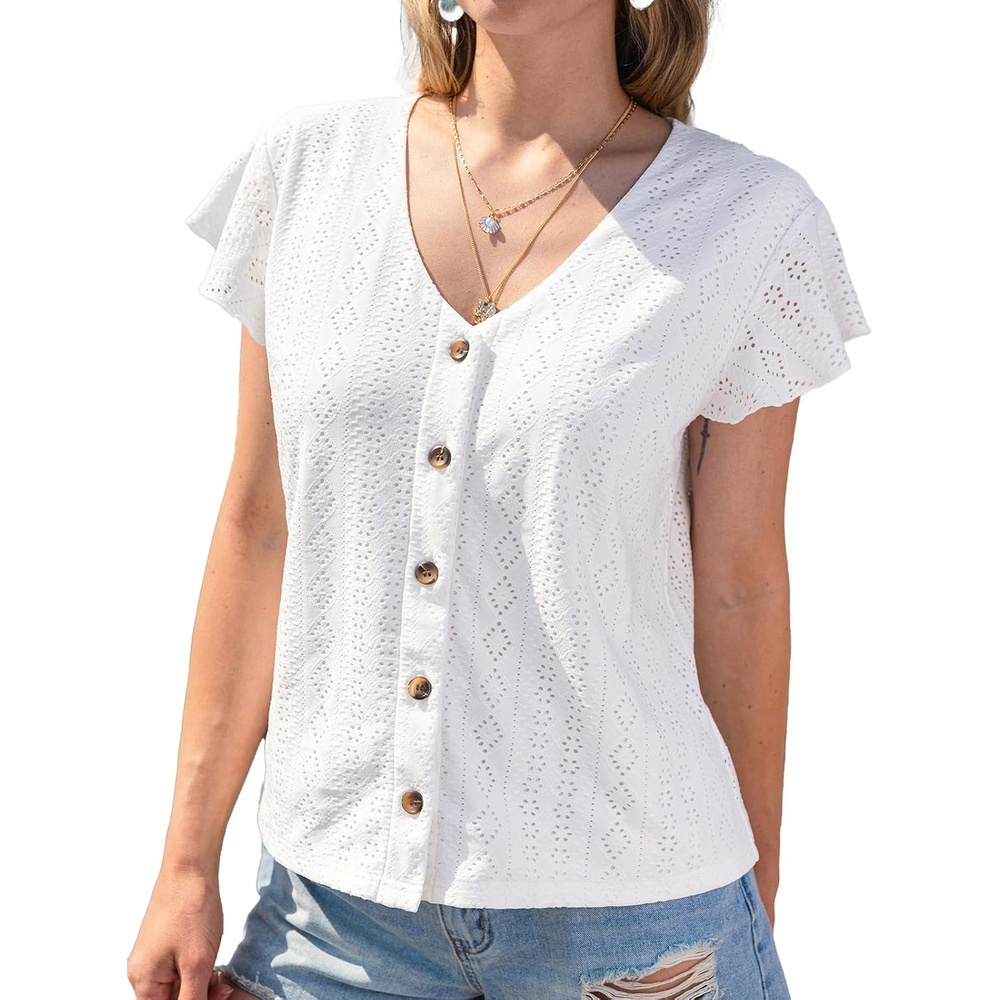 image:imageCUPSHE Summer Eyelet Tops for Women 2026 Ruffle Sleeve V Neck Button T Shirt Casual Going OutWhite
