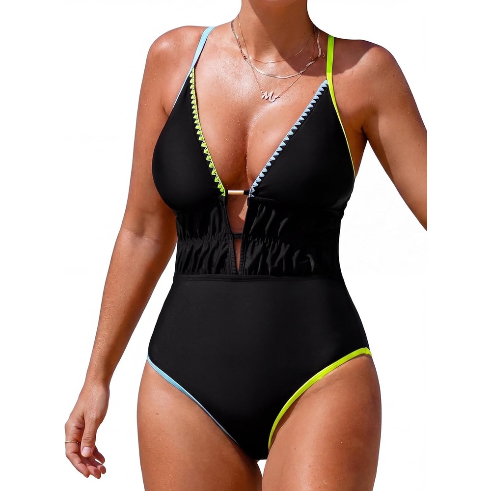 image:imageCUPSHE Womens One Piece Swimsuit Sexy Plunging Neck Bathing Suit Ruched Waist Crossback Tie Color Block TexturedBlackYellowBlue