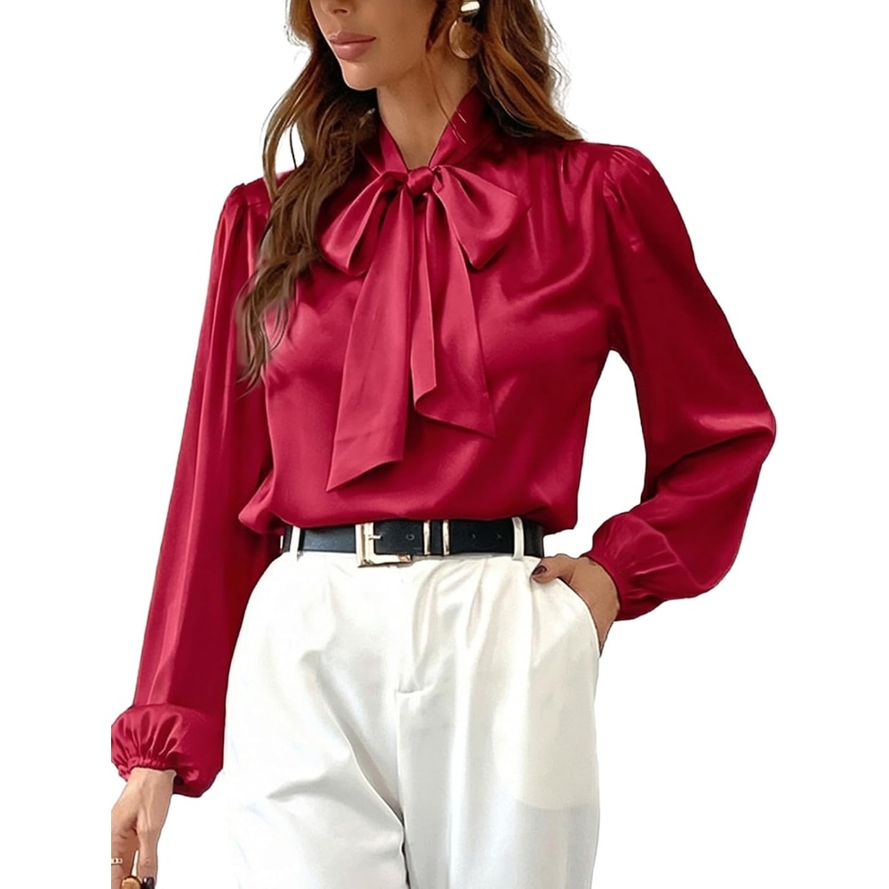 image:imageCUPSHE Womens Satin Blouse  Long Sleeve Bow Tie Neck Work Shirt Dressy Casual for Office PartyRed