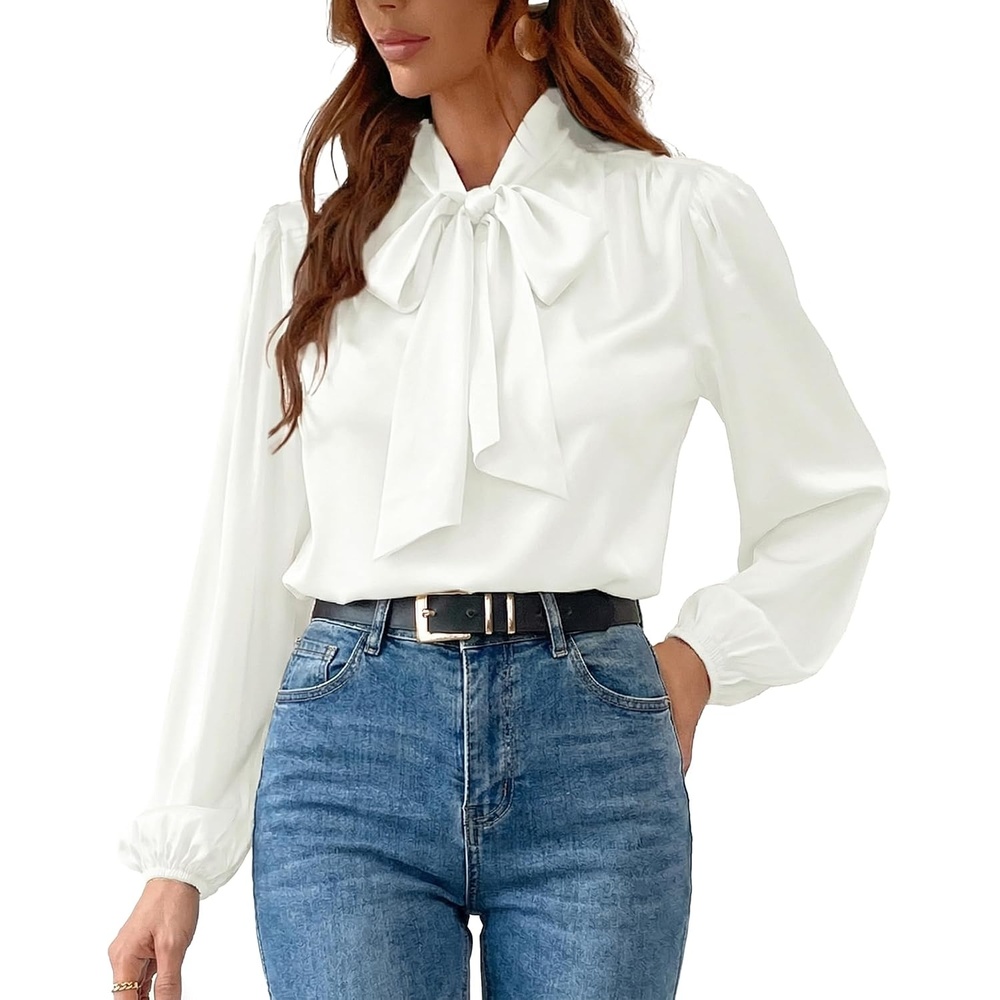 image:imageCUPSHE Womens Satin Blouse  Long Sleeve Bow Tie Neck Work Shirt Dressy Casual for Office PartyWhite