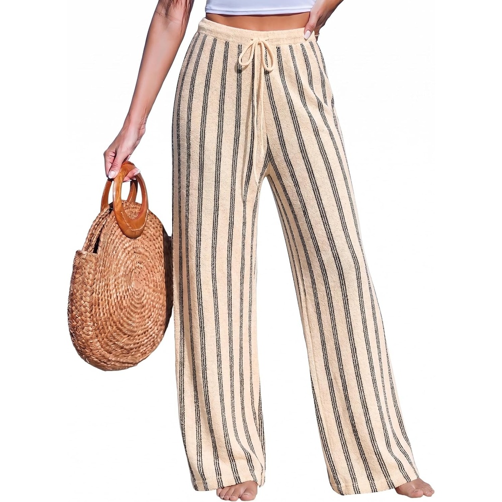 image:imageCUPSHE Womens Wide Leg Striped Pants Summer High Waist Smocked Palazzo Casual Beach Pants with PocketsBlack