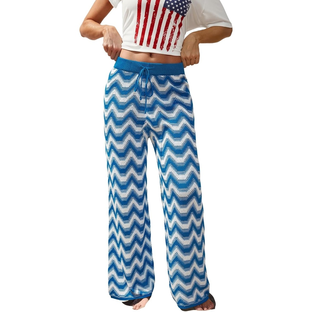 image:imageCUPSHE Womens Wide Leg Striped Pants Summer High Waist Smocked Palazzo Casual Beach Pants with PocketsBlue4