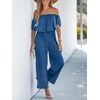 CUPSHE Jumpsuits for Women, Off the Shoulder Short Sleeves Wide Leg Casual One Piece for Summer Beach Vacation(Navy Blue)