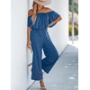 CUPSHE Jumpsuits for Women, Off the Shoulder Short Sleeves Wide Leg Casual One Piece for Summer Beach Vacation(Navy Blue)