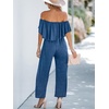 CUPSHE Jumpsuits for Women, Off the Shoulder Short Sleeves Wide Leg Casual One Piece for Summer Beach Vacation(Navy Blue)