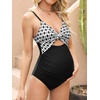 CUPSHE Maternity One Piece Swimsuit V Neck Pregnancy Bathing Suit for Women Front Twist Cutout Ruched Adjustable Straps(Black/White/Geo)