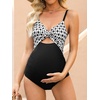 CUPSHE Maternity One Piece Swimsuit V Neck Pregnancy Bathing Suit for Women Front Twist Cutout Ruched Adjustable Straps(Black/White/Geo)