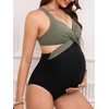 CUPSHE Maternity One Piece Swimsuit V Neck Pregnancy Bathing Suit for Women Front Wrap Criss Cross Cutout Color Block(Sage Green/Black)