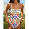 CUPSHE Women Swimsuit One Piece Bathing Suit Square Neck Cutout Back Tummy Control with Adjustable Spaghetti Straps(Orange/Blue Floral)