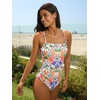 CUPSHE Women Swimsuit One Piece Bathing Suit Square Neck Cutout Back Tummy Control with Adjustable Spaghetti Straps(Orange/Blue Floral)
