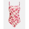 CUPSHE Women Swimsuit One Piece Bathing Suit Square Neck Cutout Back Tummy Control with Adjustable Spaghetti Straps(White/Red Floral)