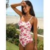 CUPSHE Women Swimsuit One Piece Bathing Suit Square Neck Cutout Back Tummy Control with Adjustable Spaghetti Straps(White/Red Floral)
