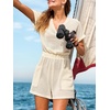 CUPSHE Women Waffle Knit V Neck Cover Up Rompers with Pockets | V Neck Swim Cover Ups, Short Sleeve Bathing Suit Coverup for Women, Waffle Knit Beach Coverup Romper, Beach Rompers(Beige)
