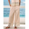 CUPSHE Women’s Lace Trim Wide Leg Pants, Summer High Waist Smocked Palazzo Casual Beach Pants with Pockets(Beige)