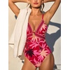 CUPSHE Women’s One Piece Swimsuit Deep V Plunging Neck Monokini Bathing Suit Self Tie Swimwear Cutout(Red Tropical Floral)