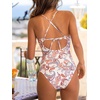 CUPSHE Women’s One Piece Swimsuit Plunging V Neck Shell Stitch Bathing Suit Self Tie Adjustable Cutouts Swimwear(Cream/Pink Paisley)