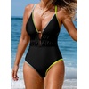 CUPSHE Women’s One Piece Swimsuit Sexy Plunging Neck Bathing Suit Ruched Waist Crossback Tie Color Block Textured(Black/Yellow/Blue)