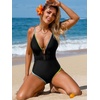 CUPSHE Women’s One Piece Swimsuit Sexy Plunging Neck Bathing Suit Ruched Waist Crossback Tie Color Block Textured(Black/Yellow/Blue)