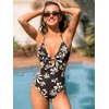 CUPSHE Women’s One Piece Swimsuit Sexy V Neck Halter Tie Monokini O Ring Cut Out Bathing Suit Textured(Brown/Cream Floral)