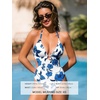 CUPSHE Women’s One Piece Swimsuit Sexy V Neck Halter Tie Monokini O Ring Cut Out Bathing Suit Textured(White/Blue Floral)