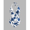 CUPSHE Women’s One Piece Swimsuit Sexy V Neck Halter Tie Monokini O Ring Cut Out Bathing Suit Textured(White/Blue Floral)
