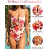 CUPSHE Women’s One Piece Swimsuit Square Neck V Cut Bathing Suit Crossback Self Tie Swimwear Cheeky(Beige/Red Floral)