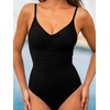 CUPSHE Women’s One Piece Swimsuit V Neck Bathing Suit Ruching Swimwear Adjustable Straps Back Hollow Hook Modest(Black)