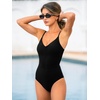 CUPSHE Women’s One Piece Swimsuit V Neck Bathing Suit Ruching Swimwear Adjustable Straps Back Hollow Hook Modest(Black)