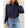 CUPSHE Women’s Satin Blouse – Long Sleeve Bow Tie Neck Work Shirt Dressy Casual for Office Party(Dark Blue)