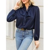 CUPSHE Women’s Satin Blouse – Long Sleeve Bow Tie Neck Work Shirt Dressy Casual for Office Party(Dark Blue)