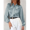 CUPSHE Women’s Satin Blouse – Long Sleeve Bow Tie Neck Work Shirt Dressy Casual for Office Party(Light Blue)