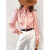 CUPSHE Women’s Satin Blouse – Long Sleeve Bow Tie Neck Work Shirt Dressy Casual for Office Party(Pink)