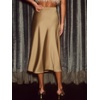 CUPSHE Women’s Satin Midi Skirt – Silk A Line High Waist Elegant Casual Flowy Cocktail Party Wedding Vacation(Light Brown)