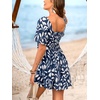 CUPSHE Women’s Summer Dress Diamond Neck Cutout Tie Front Smocked Back A Line Sun Dress Casual Beach Vacation Mini Dress(Navy Blue)
