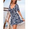 CUPSHE Women’s Summer Dress Diamond Neck Cutout Tie Front Smocked Back A Line Sun Dress Casual Beach Vacation Mini Dress(Navy Blue)