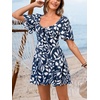 CUPSHE Women’s Summer Dress Diamond Neck Cutout Tie Front Smocked Back A Line Sun Dress Casual Beach Vacation Mini Dress(Navy Blue)
